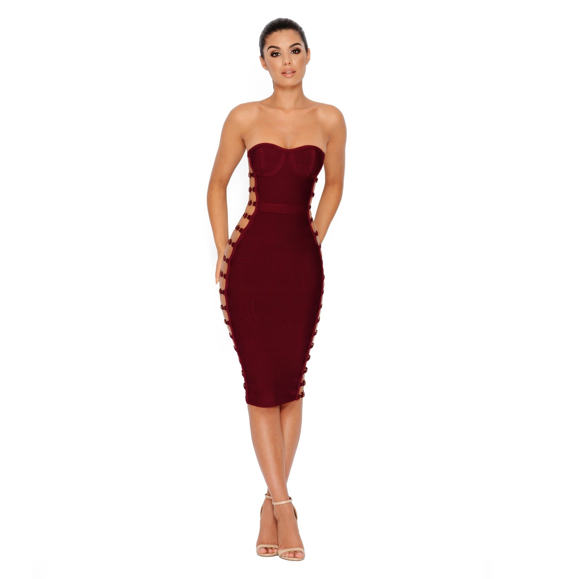 Side Or Die Chick Bandage Bandeau Dress in Burgundy sold by Oh Polly product image thumbnail 11