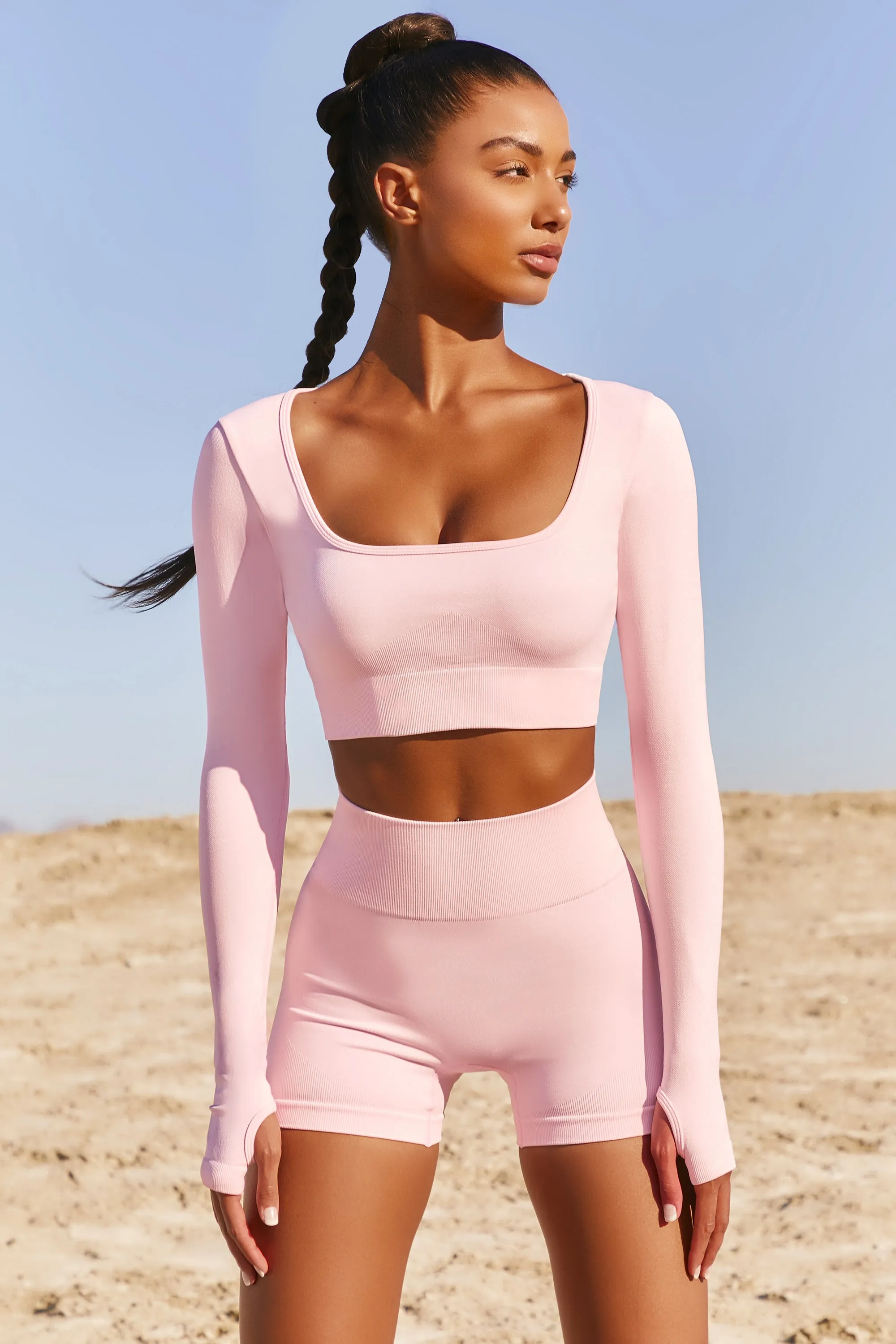 Accomplish Seamless Long Sleeve Crop Top in Pink sold by Oh Polly