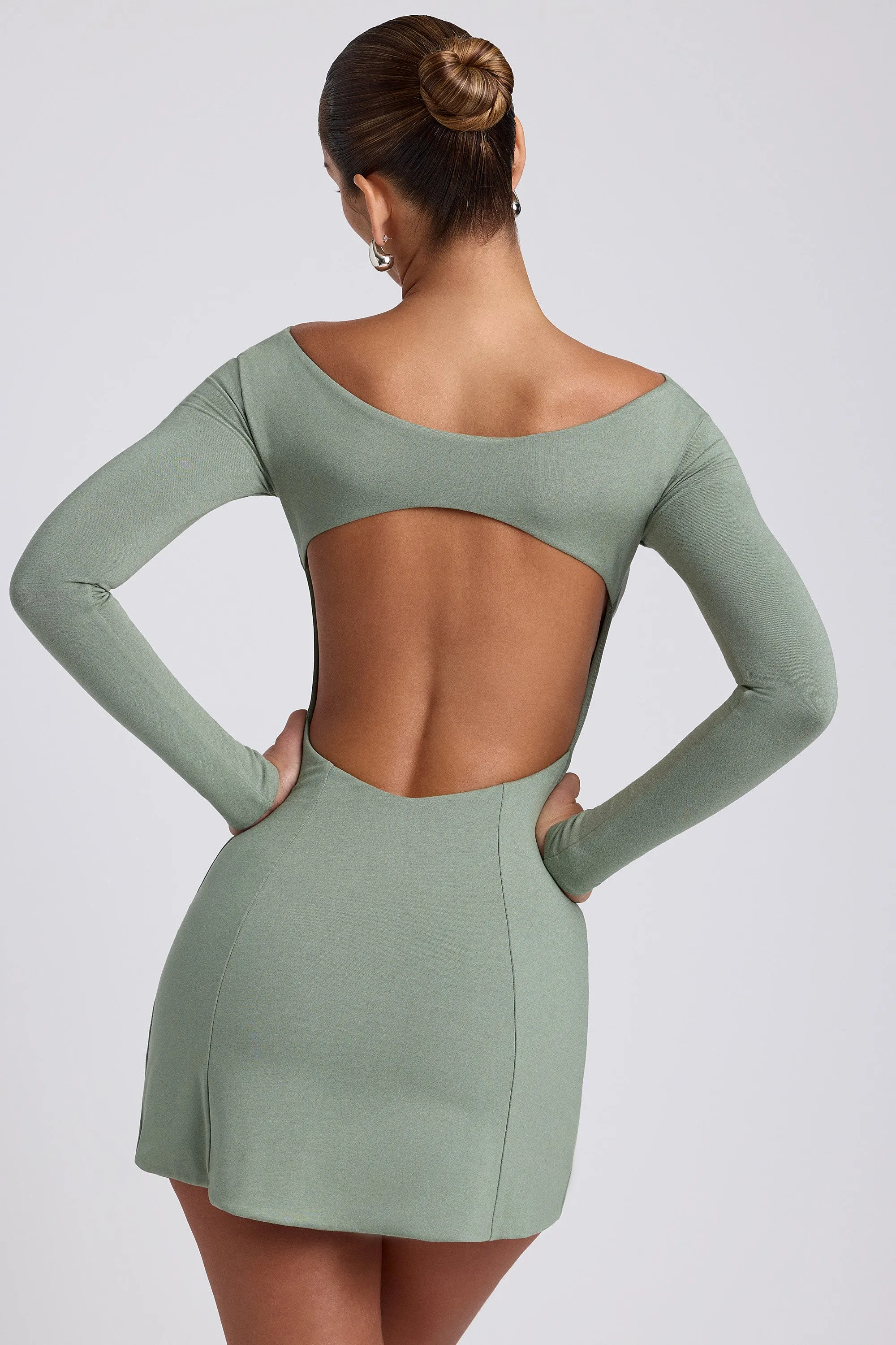 Modal Twist-Front Long-Sleeve Mini Dress in Sage Green sold by Oh Polly product image thumbnail 2