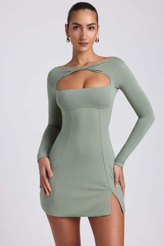 Modal Twist-Front Long-Sleeve Mini Dress in Sage Green sold by Oh Polly