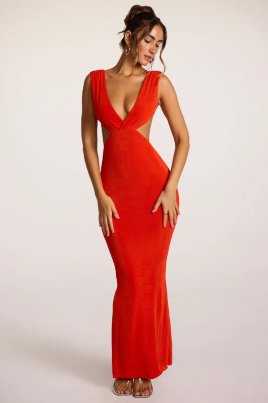Textured Jersey Plunge Neck Maxi Dress in Fiery Red sold by Oh Polly