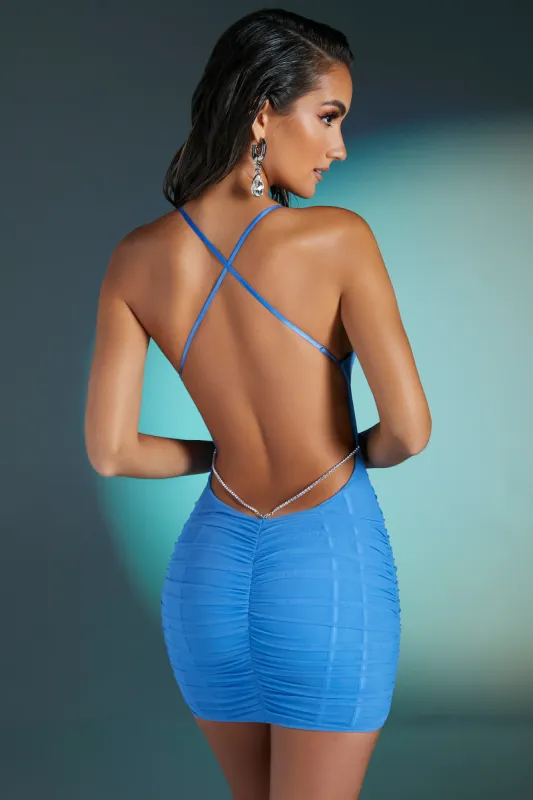 High Neck Diamante Back Mini Dress in Blue sold by Oh Polly