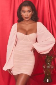Long Puff Sleeve Ruched Mesh Mini Dress in Blush sold by Oh Polly