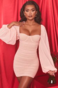 Long Puff Sleeve Ruched Mesh Mini Dress in Blush sold by Oh Polly