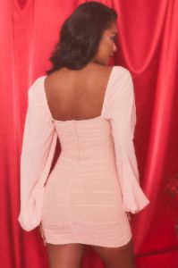 Long Puff Sleeve Ruched Mesh Mini Dress in Blush sold by Oh Polly