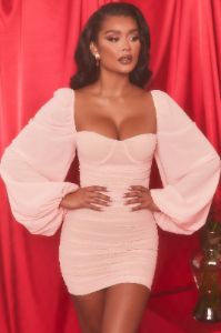 Long Puff Sleeve Ruched Mesh Mini Dress in Blush sold by Oh Polly