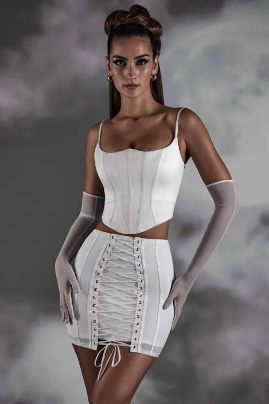 Lace Up Mini Skirt in White sold by Oh Polly