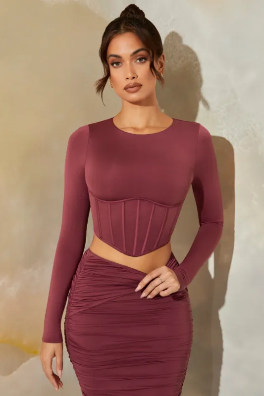 Long Sleeve Corset Crop Top in Dark Mauve sold by Oh Polly