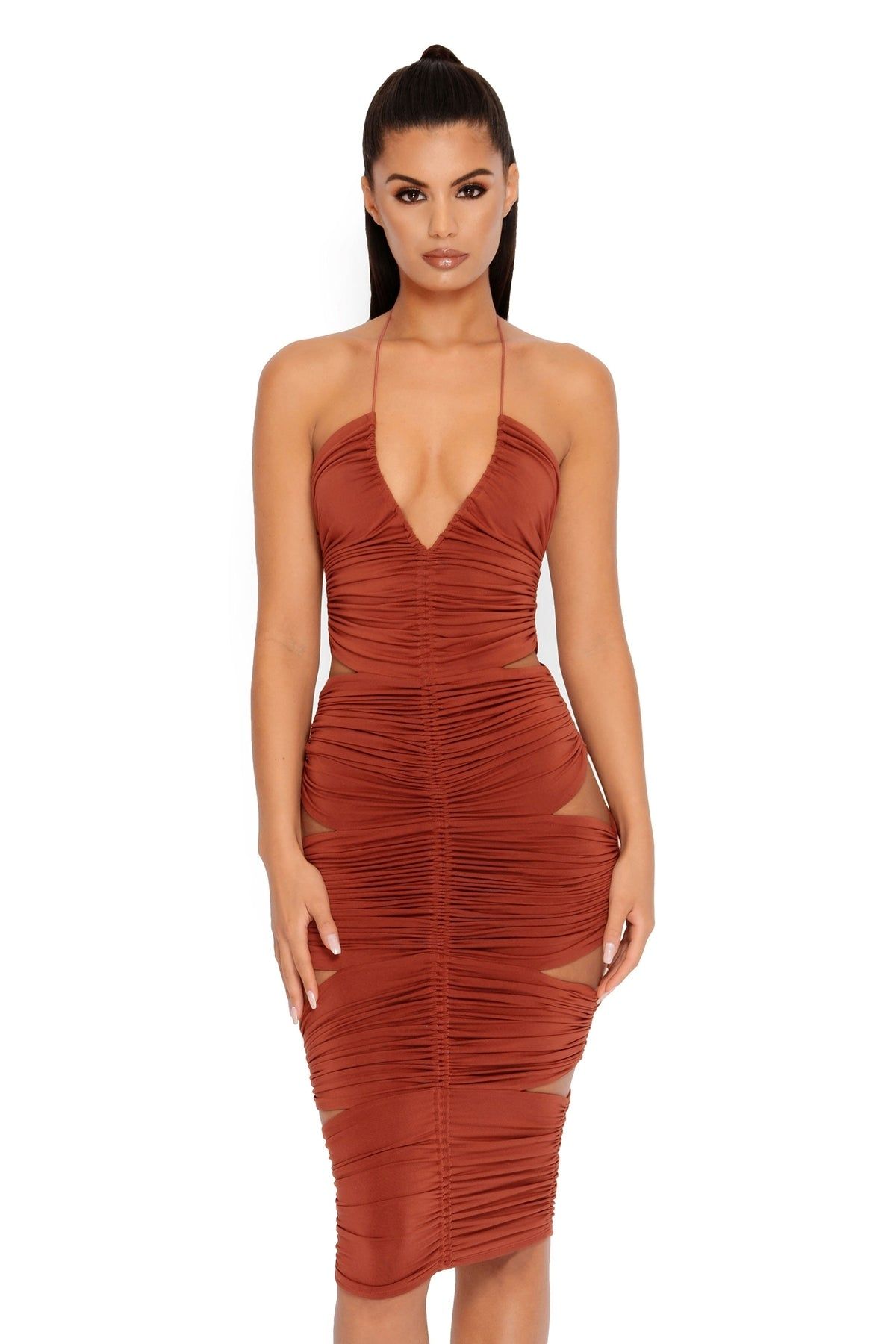 Side Piece Ruched Cut Out Midi Dress in Rust sold by Oh Polly product image thumbnail 2