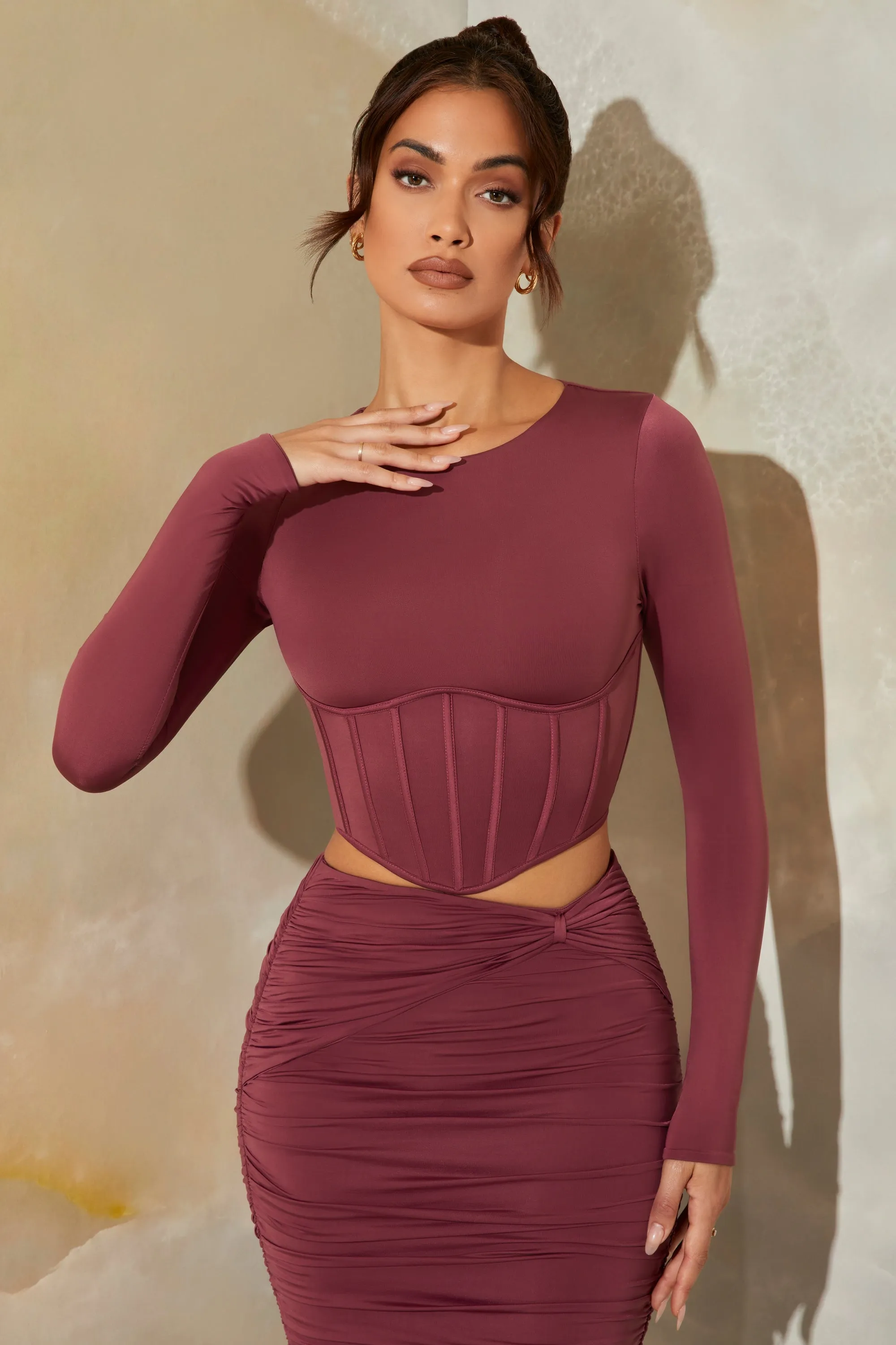 Long Sleeve Corset Crop Top in Dark Mauve sold by Oh Polly product image thumbnail 4