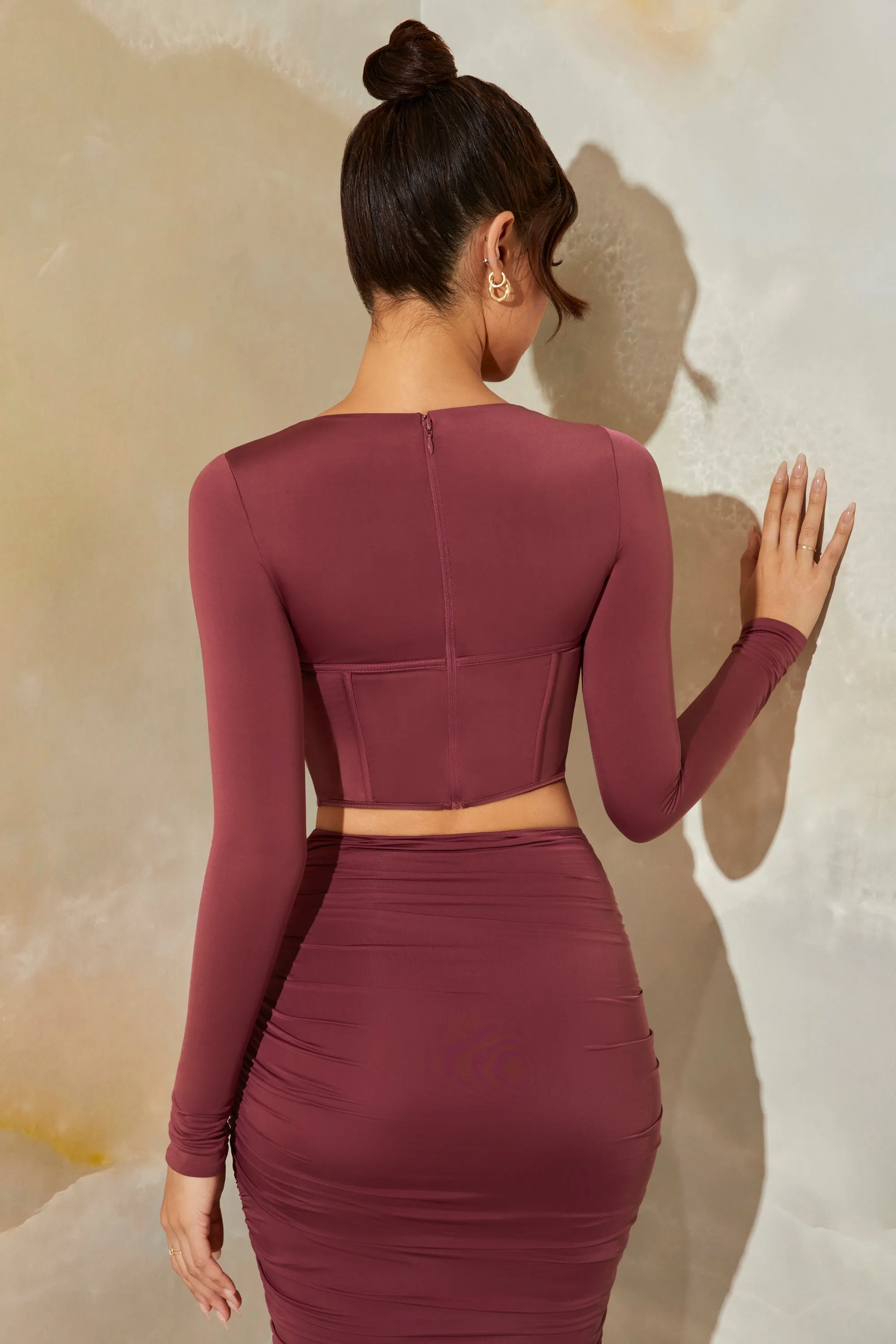 Long Sleeve Corset Crop Top in Dark Mauve sold by Oh Polly product image thumbnail 2