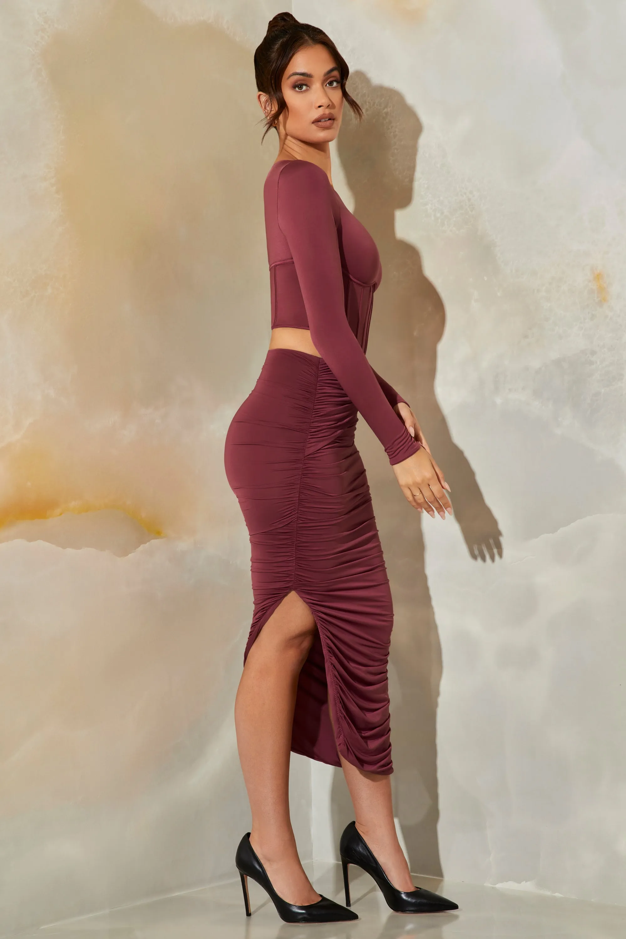 Long Sleeve Corset Crop Top in Dark Mauve sold by Oh Polly product image thumbnail 3