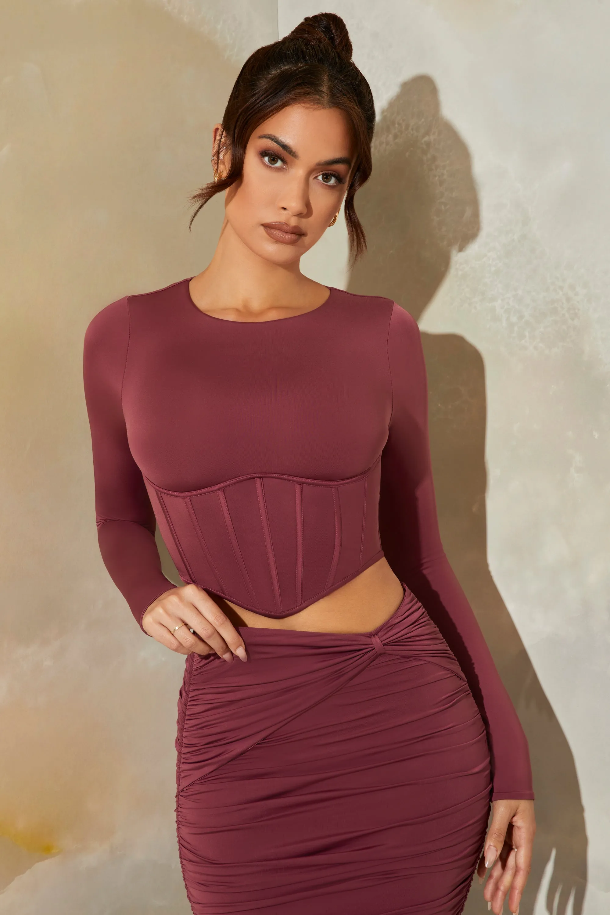 Long Sleeve Corset Crop Top in Dark Mauve sold by Oh Polly product image thumbnail 5