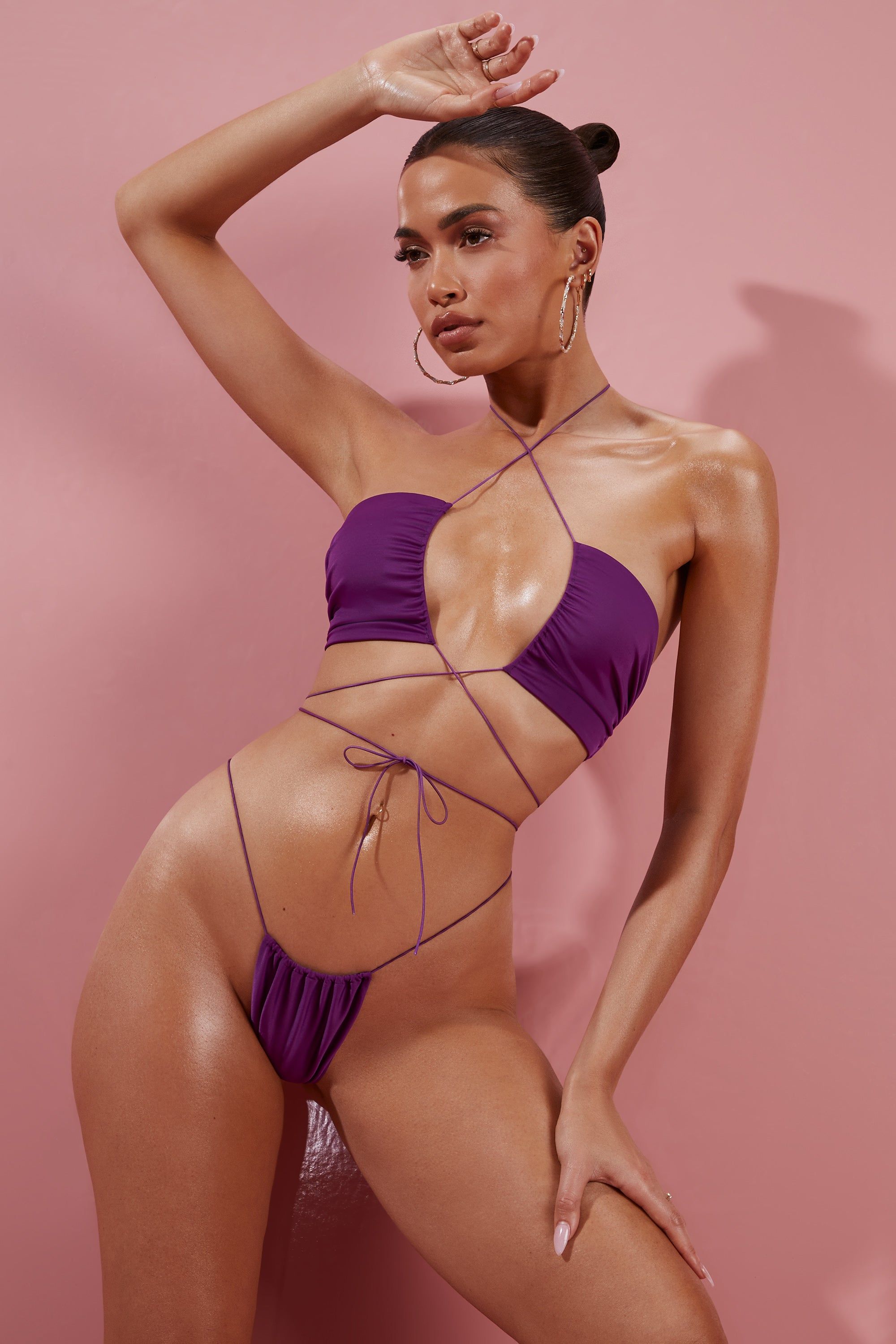 Ruched Bikini Bottoms in Purple sold by Oh Polly