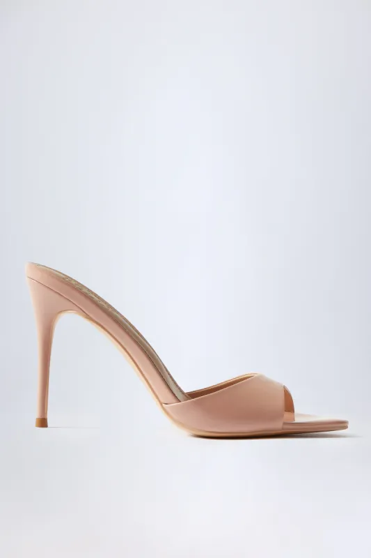 Almond-Toe Heeled Mules in Patent Pink sold by Oh Polly