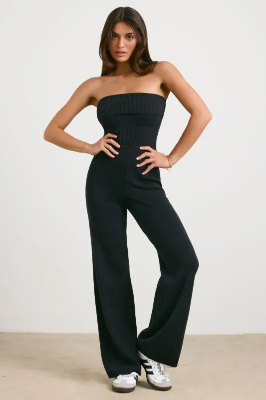 Chunky Knit Bandeau Kick Flare Jumpsuit in Black made by Bo + Tee