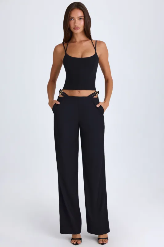 Petite Belted Cut-Out Wide-Leg Trousers in Black sold by Oh Polly
