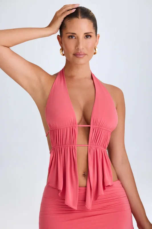 Cut-Out Ruched Halterneck Crop Top in Coral sold by Oh Polly