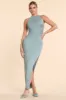 High Neck Racerback Ruched Modal Cashmere Blend Maxi Dress in Stone Blue sold by Oh Polly