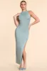 High Neck Racerback Ruched Modal Cashmere Blend Maxi Dress in Stone Blue sold by Oh Polly