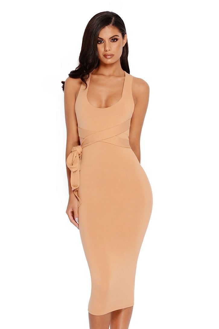 Bow All Out Tie Belt Double Layered Midi Dress in Tan sold by Oh Polly product image thumbnail 3