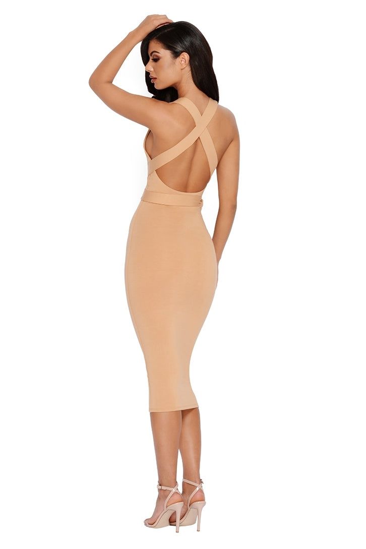 Bow All Out Tie Belt Double Layered Midi Dress in Tan sold by Oh Polly product image thumbnail 2