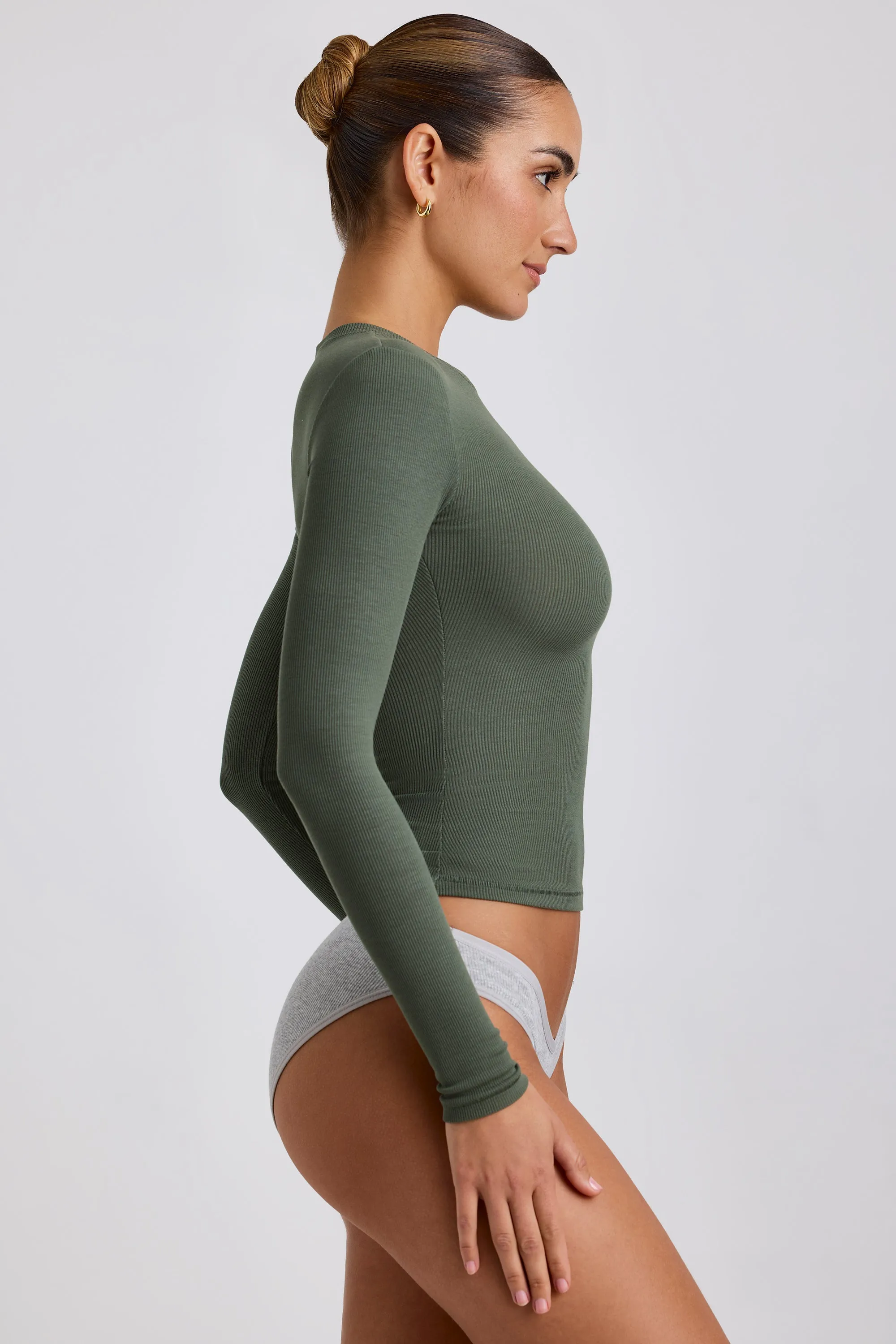 Ribbed Modal Crew Neck Top in Khaki Green sold by Oh Polly product image thumbnail 3