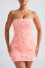 Floral-Appliqué Bandeau A-Line Mini Dress in Coral sold by Oh Polly