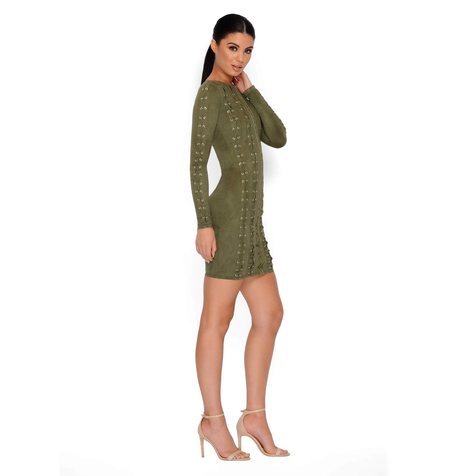 All Laced Up & Somewhere To Glow Mini Dress in Khaki sold by Oh Polly product image thumbnail 15