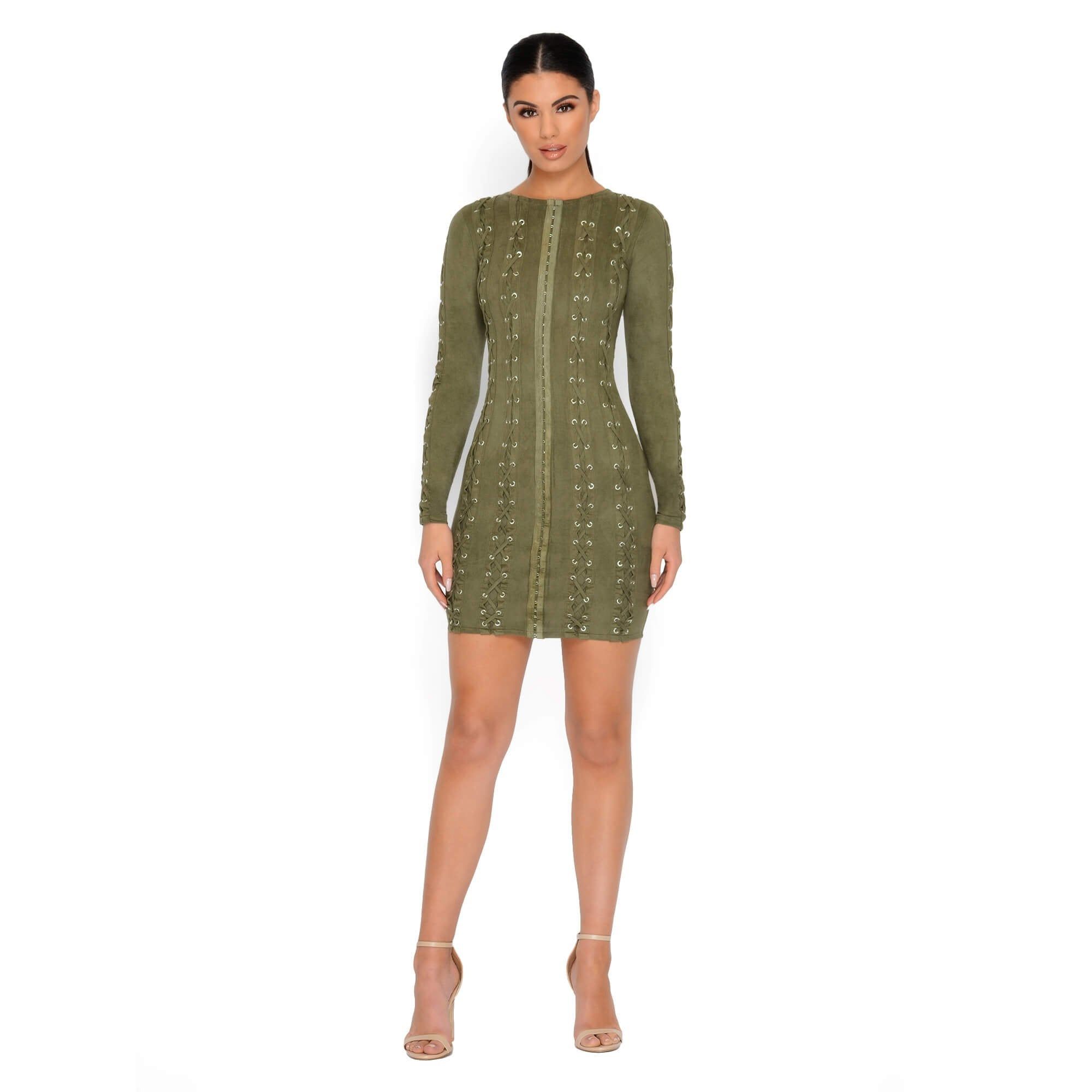 All Laced Up & Somewhere To Glow Mini Dress in Khaki sold by Oh Polly product image thumbnail 6
