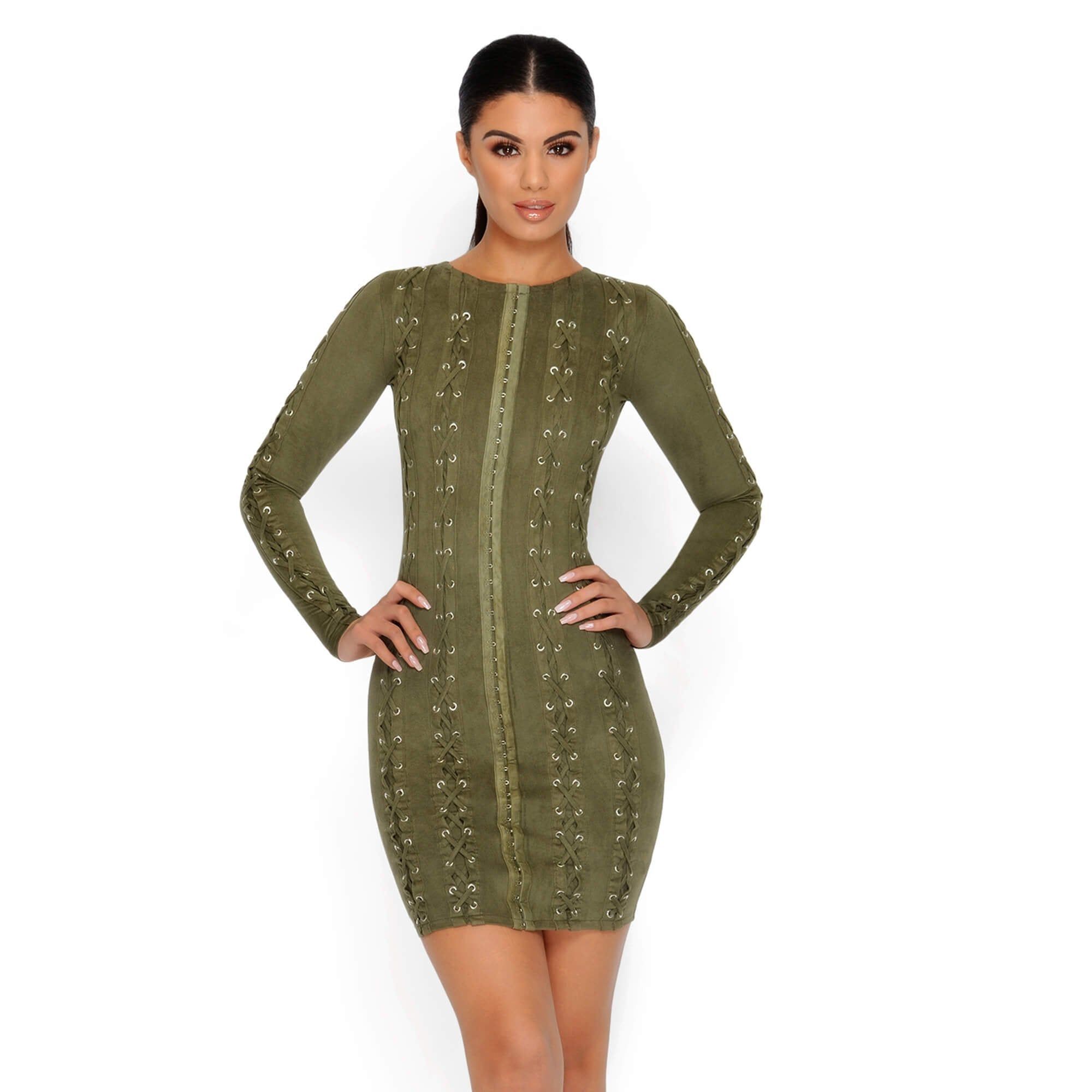 All Laced Up & Somewhere To Glow Mini Dress in Khaki sold by Oh Polly product image thumbnail 3