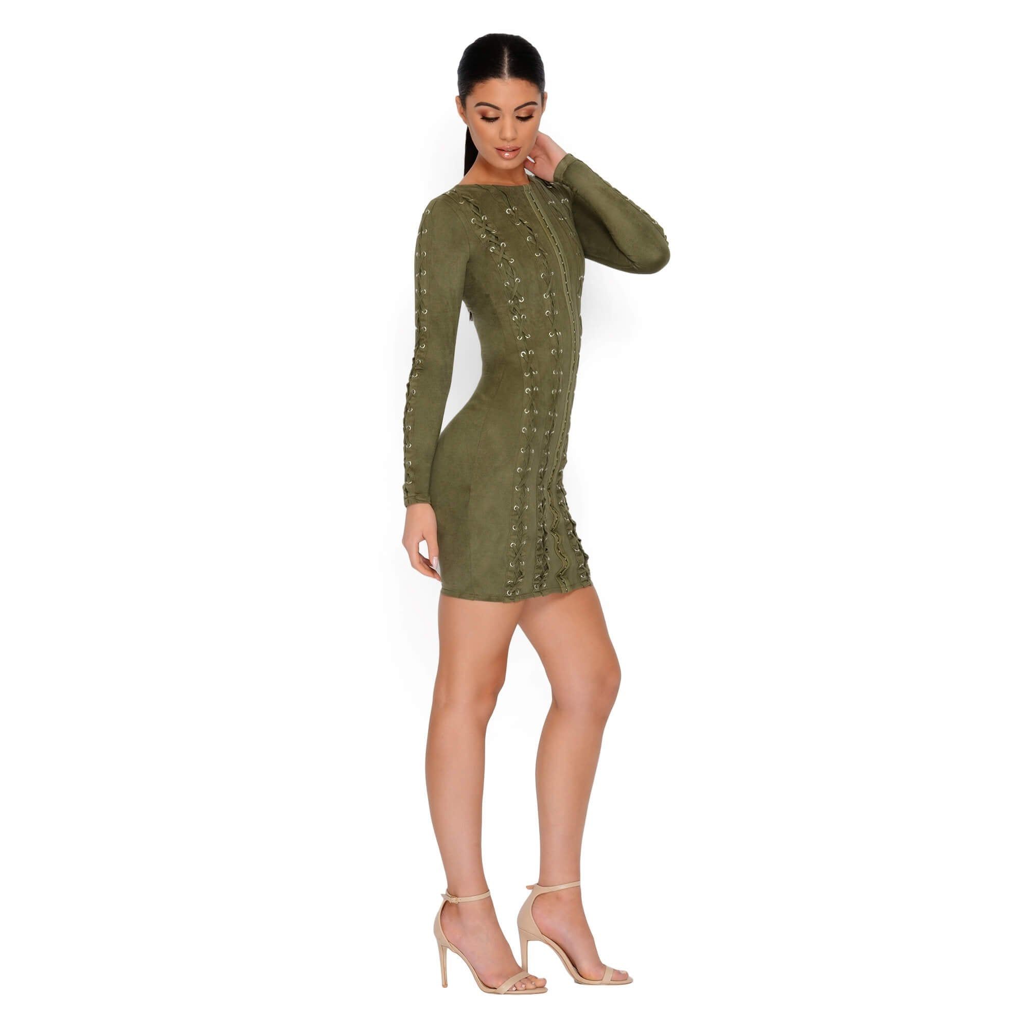 All Laced Up & Somewhere To Glow Mini Dress in Khaki sold by Oh Polly product image thumbnail 9
