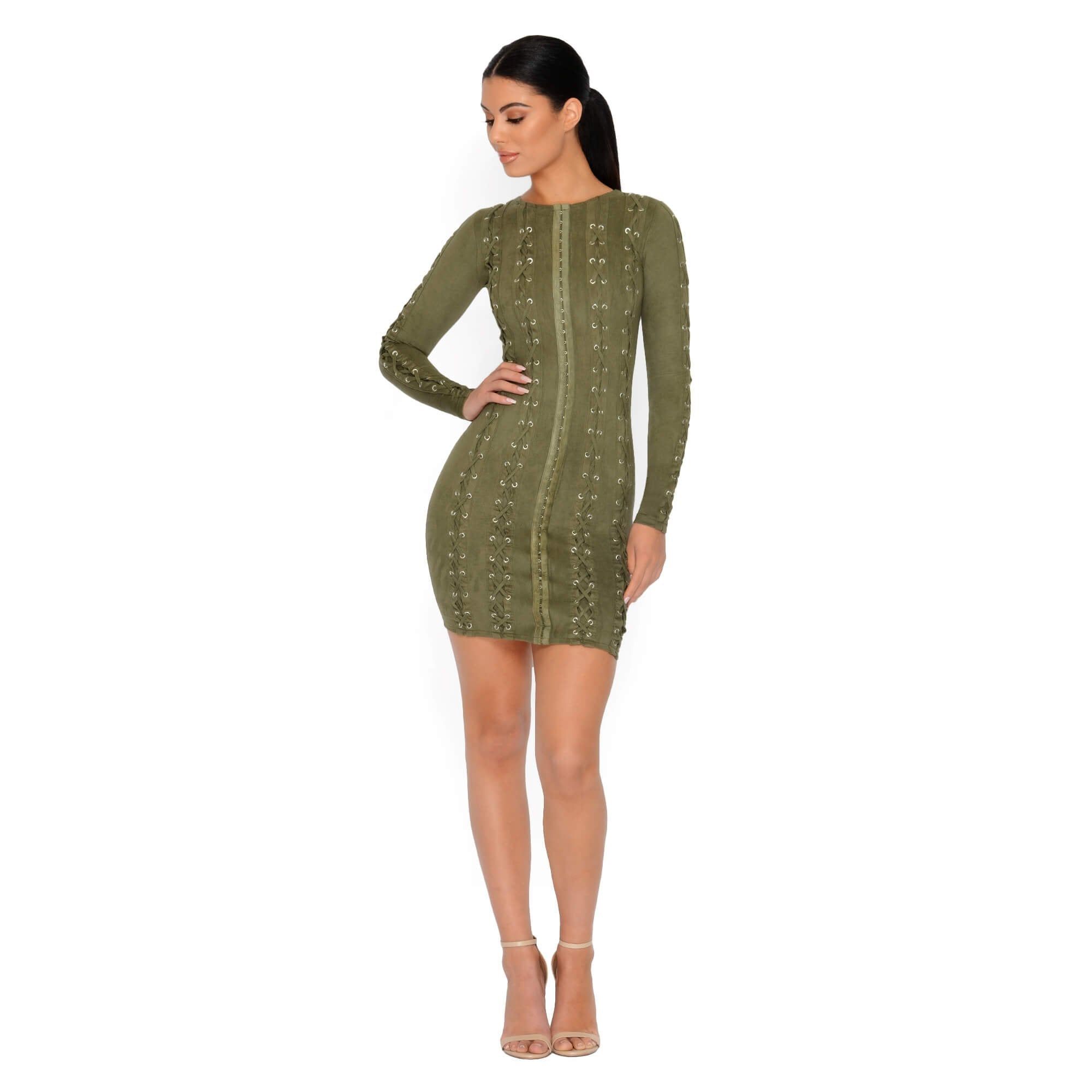 All Laced Up & Somewhere To Glow Mini Dress in Khaki sold by Oh Polly product image thumbnail 5