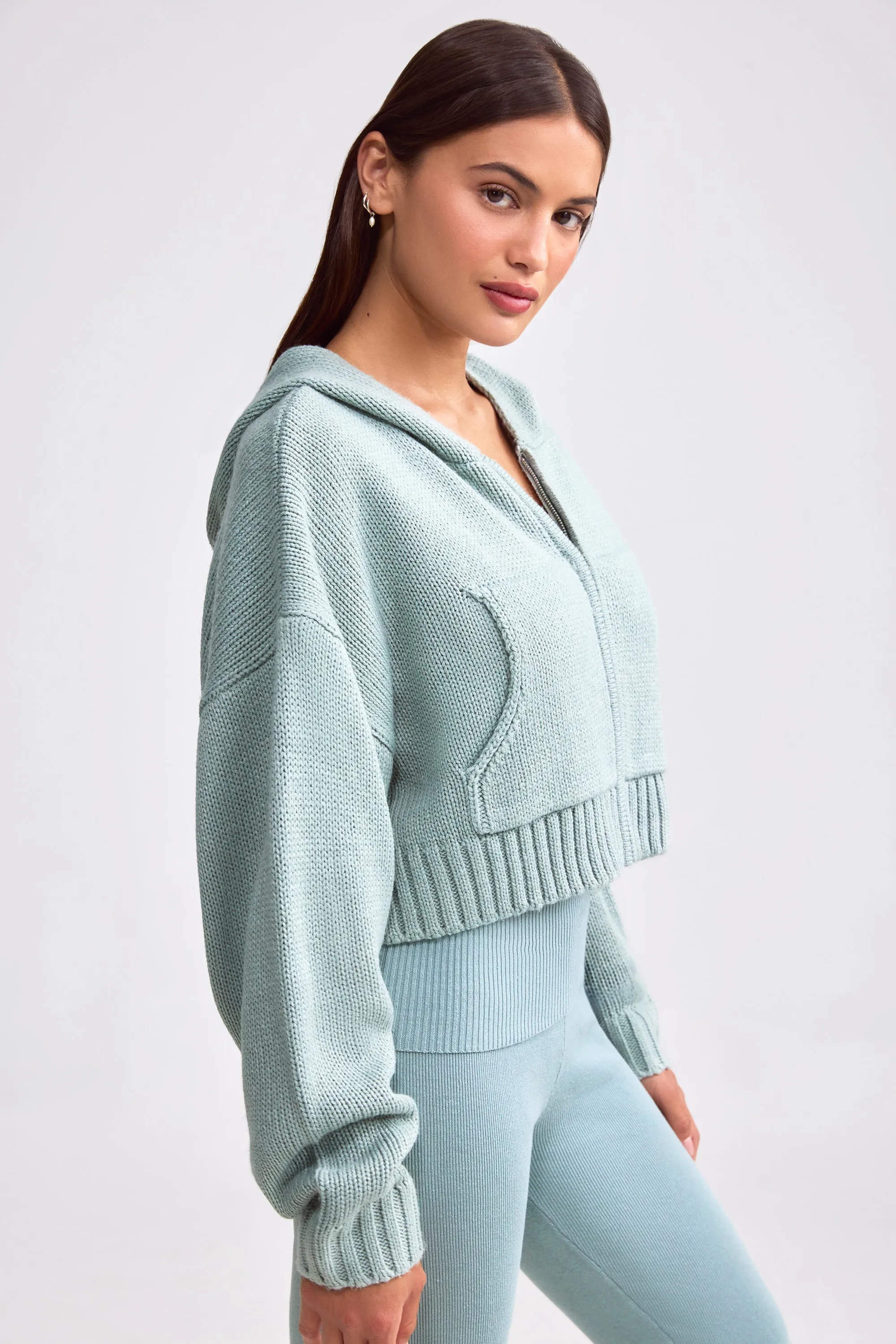 Chunky Knit Zip-Up Cropped Hoodie in Dusty Teal sold by Oh Polly product image thumbnail 3