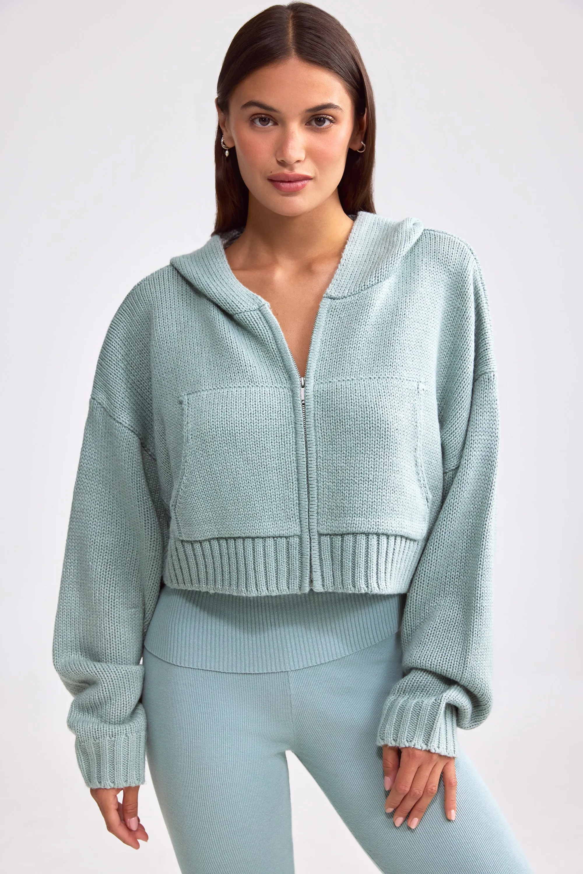 Chunky Knit Zip-Up Cropped Hoodie in Dusty Teal sold by Oh Polly product image thumbnail 2