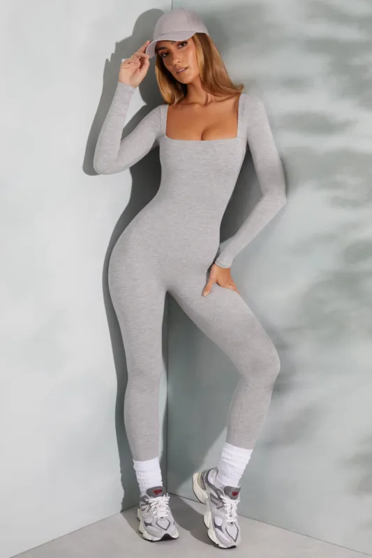 Tall Square Neck Long Sleeve Jumpsuit in Marled Grey sold by Oh Polly