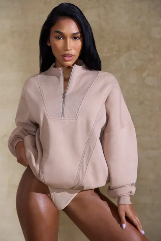 Oversized Half Zip Sweatshirt in Taupe sold by Oh Polly