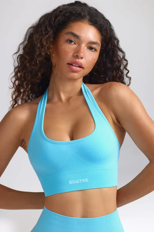 Define Luxe Halterneck Sports Bra in Sky Blue sold by Oh Polly
