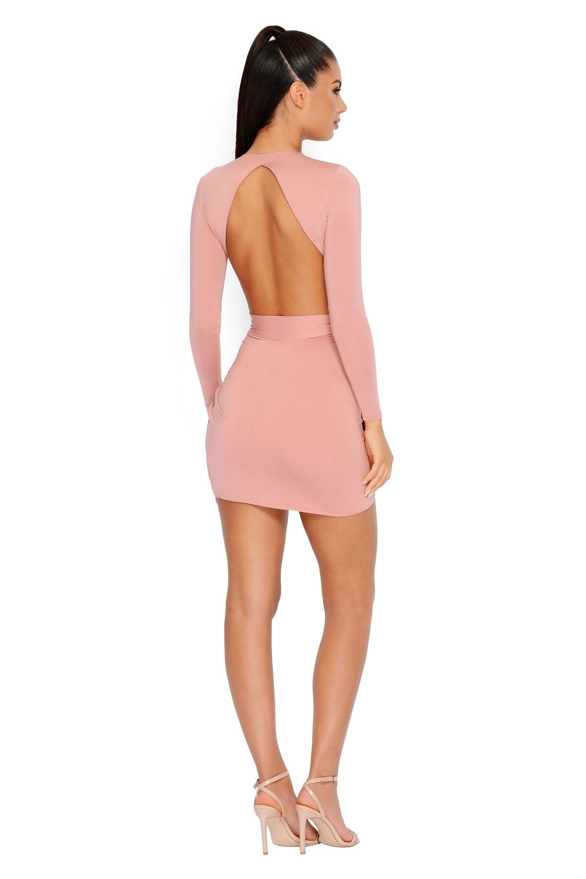 Bent Out Of Drape Extreme Plunge Wrap Mini Dress in Blush sold by Oh Polly
