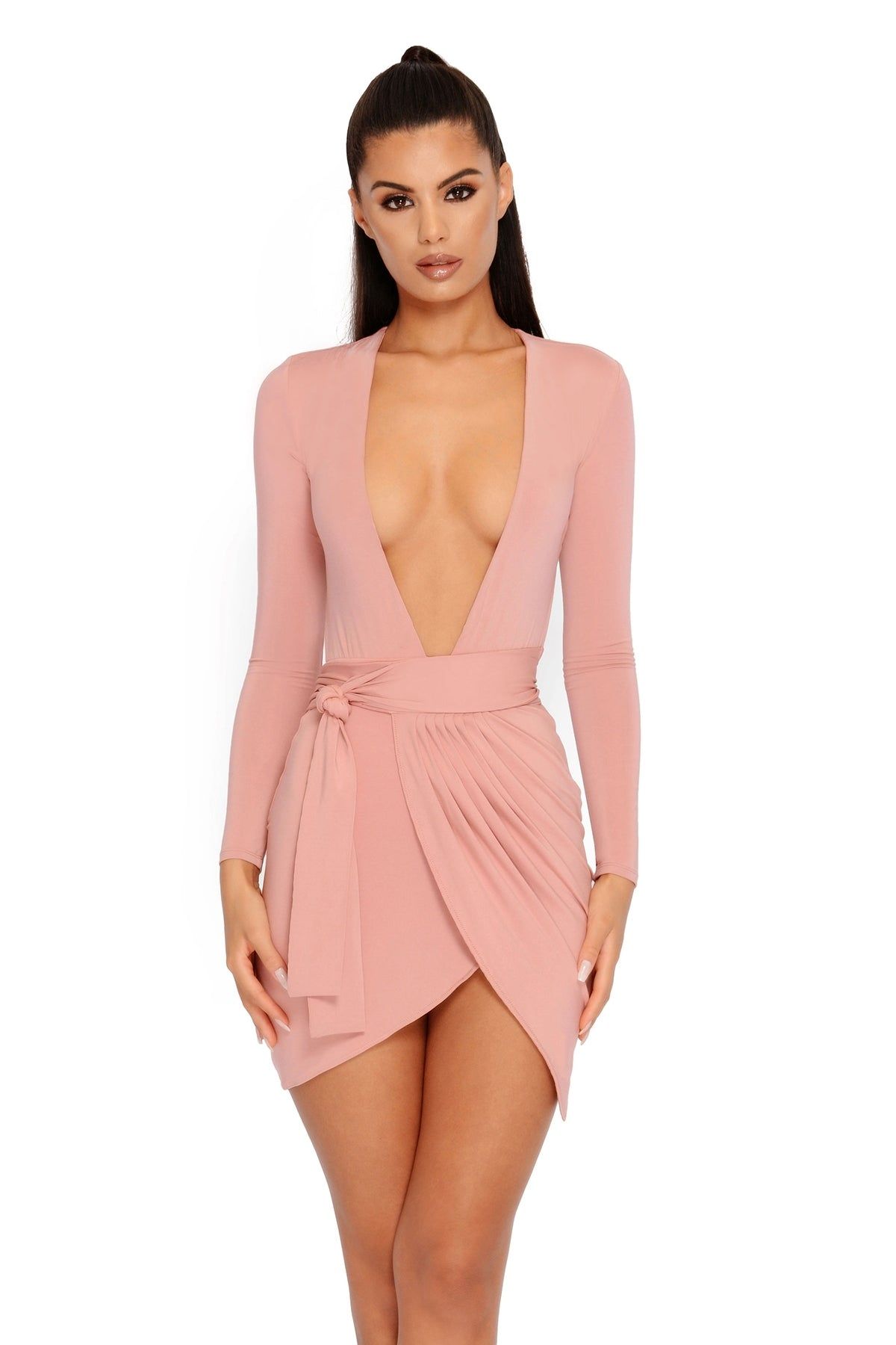 Bent Out Of Drape Extreme Plunge Wrap Mini Dress in Blush sold by Oh Polly product image thumbnail 2