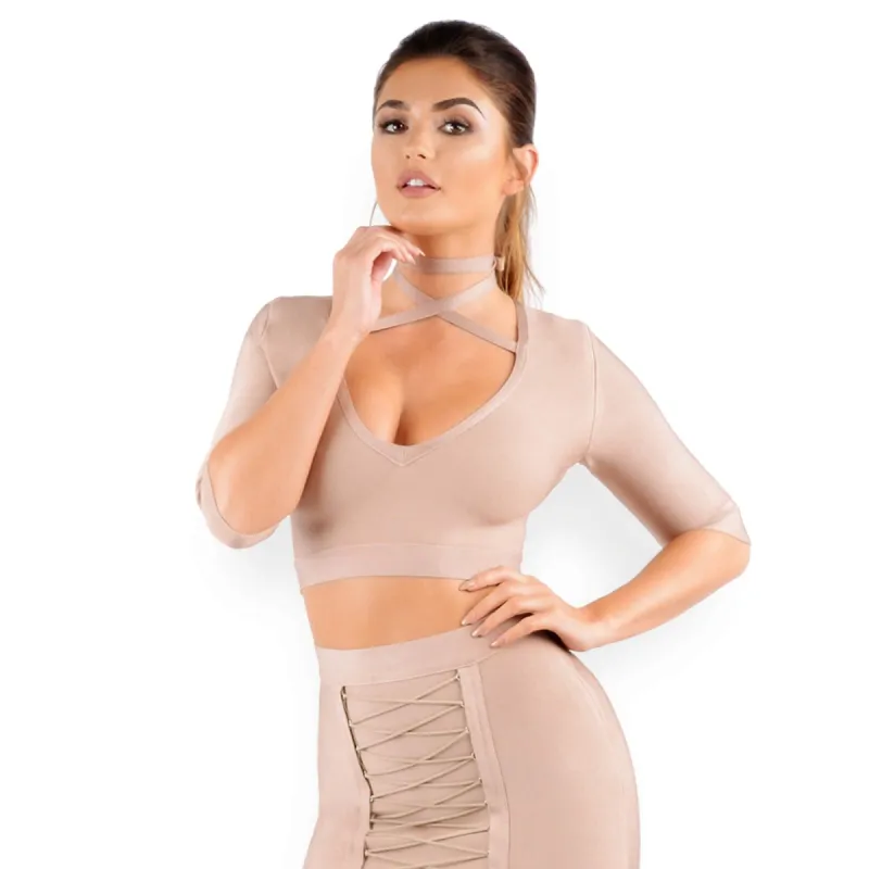What The Neck Bandage Crop Top in Warm Taupe sold by Oh Polly