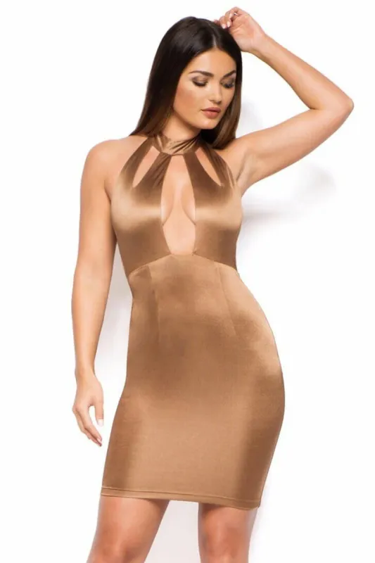 Key and You Cut Out Satin Mini Dress in Bronze sold by Oh Polly