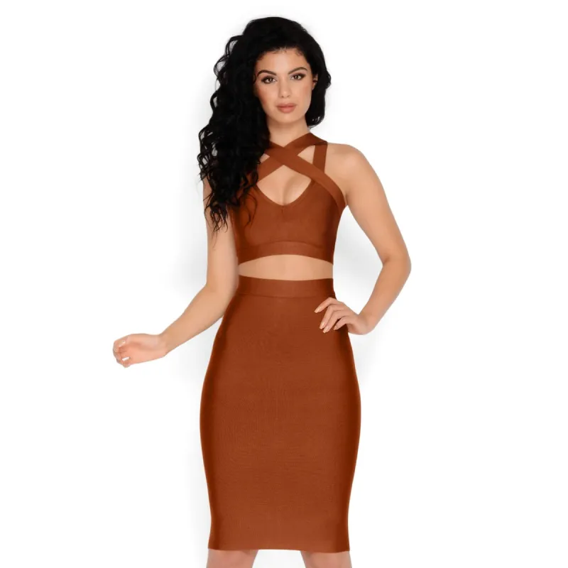 Smooth Over Bandage Midi Skirt in Tan made by Oh Polly