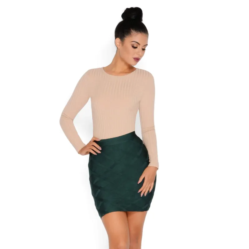 Ribbed Apart Bandage Mini Skirt in Emerald Green sold by Oh Polly