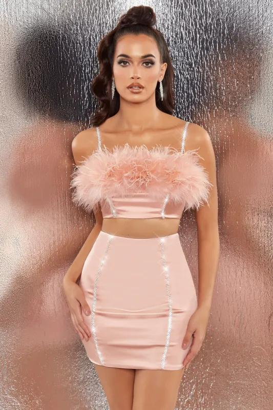 Bring The Party Embellished Satin Feather Crop Top in Blush sold by Oh Polly
