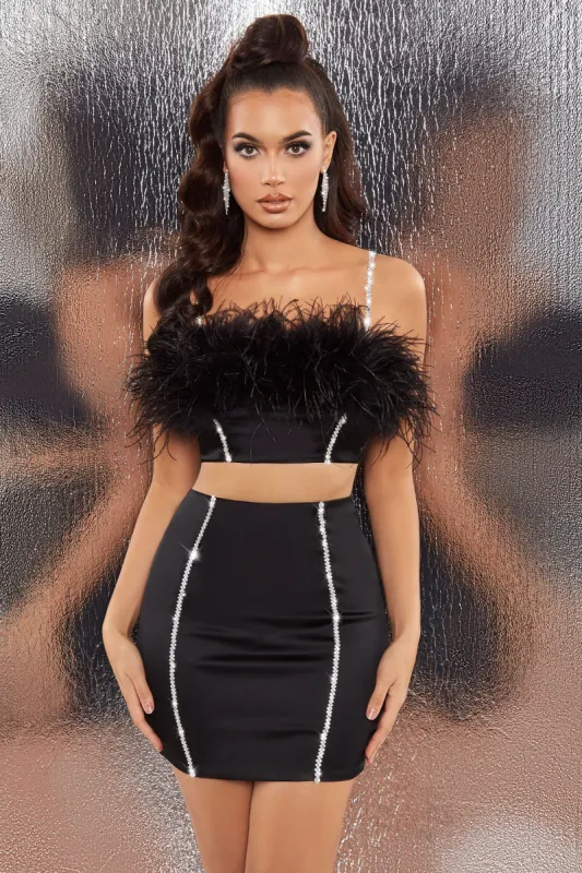 Bring The Party Embellished Satin Feather Crop Top in Black sold by Oh Polly