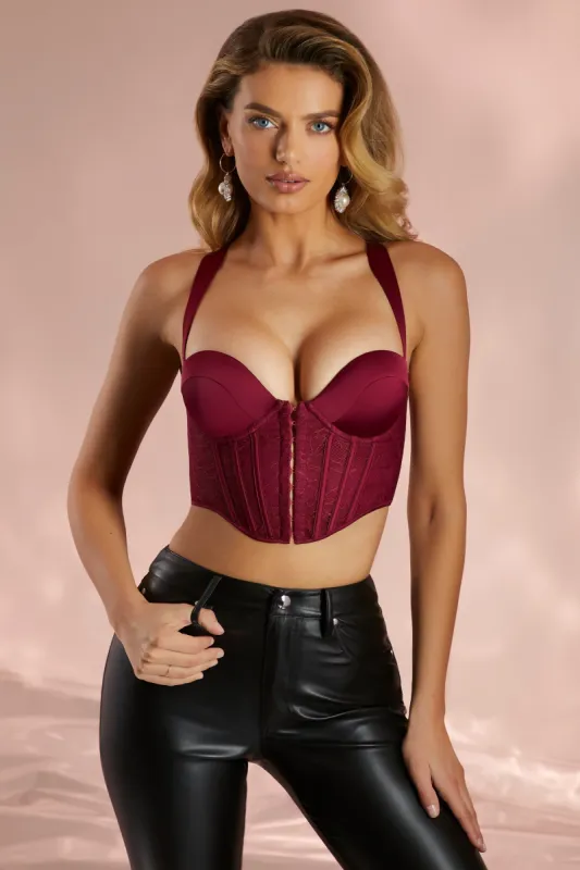 Satin Lace Corset Crop Top in Wine sold by Oh Polly