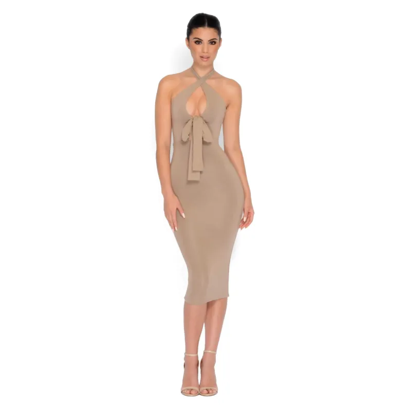 Tie The Knot Double Layered Midi Dress in Mocha sold by Oh Polly