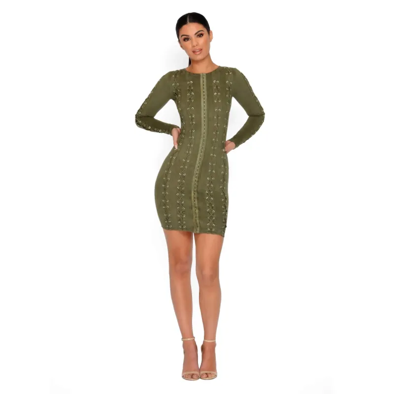 All Laced Up & Somewhere To Glow Mini Dress in Khaki sold by Oh Polly