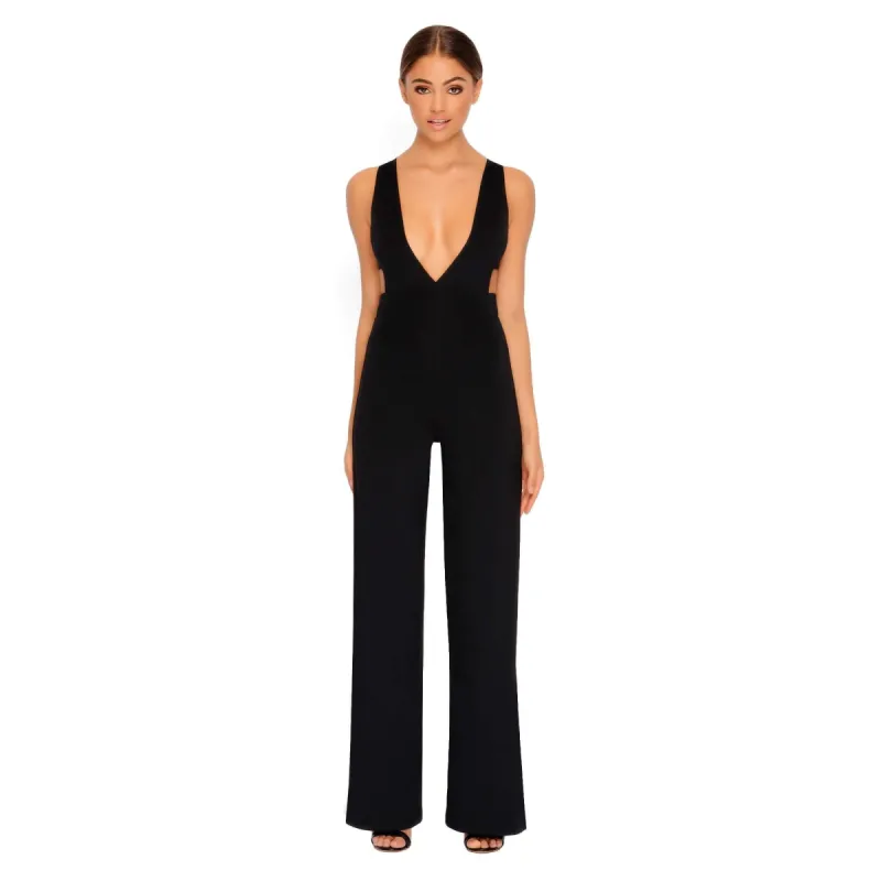 Just Say Flow Double Layered Plunge Jumpsuit in Black sold by Oh Polly